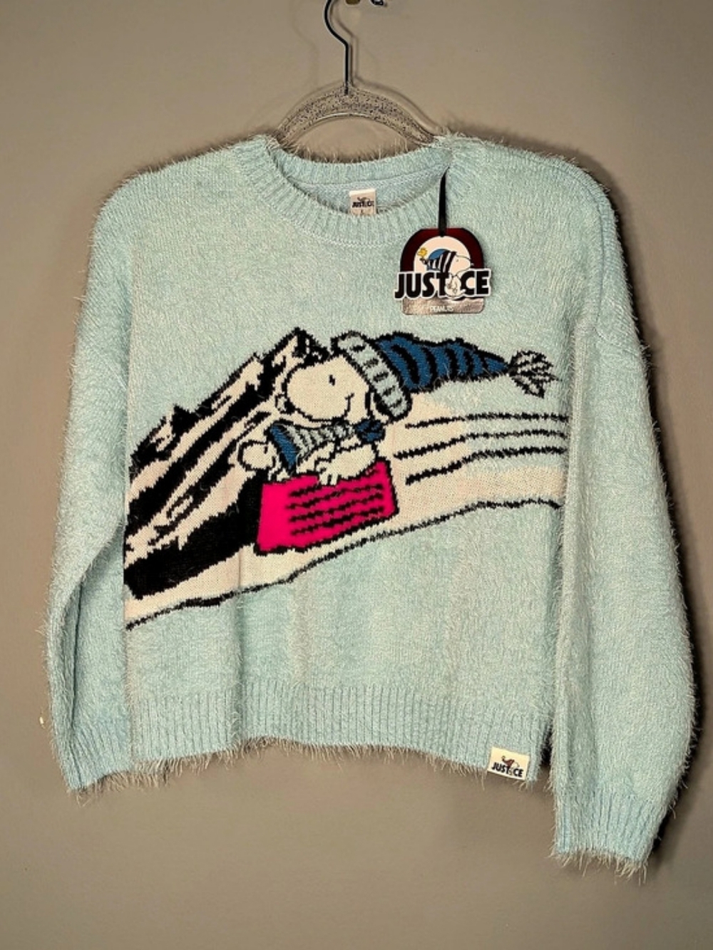 Justice Licensed Sweater Peanuts Graphic Sweater in Blue Size Girls Large NWT